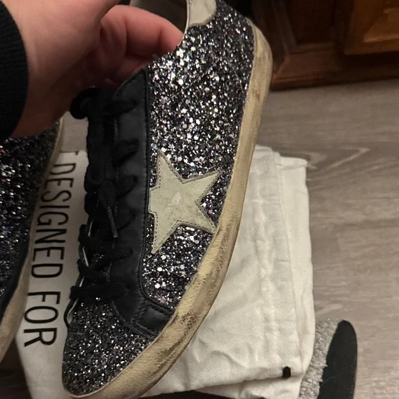 Golden Goose Deluxe Brand Super-Star Sneakers Black Silver Glitter Size 10 - Picture 3 of 12
